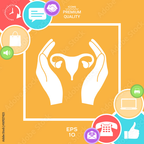 Hands holding Female uterus - protection icon