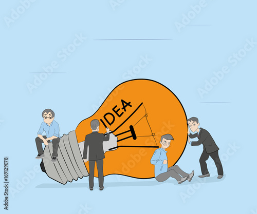 Doodle cute miniature scene of workers with lamp idea. Sketch concept about creative. Hand drawn cartoon vector illustration for business design.
