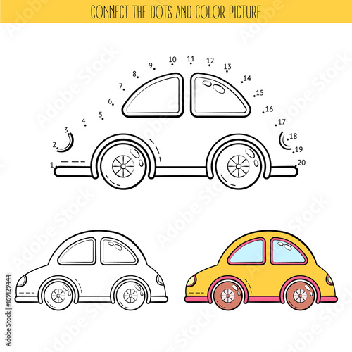 Coloring book and dot to dot educational game for kids. Connect the dots puzzle. Worksheet for class or at home with the kids. Cartoon toy car