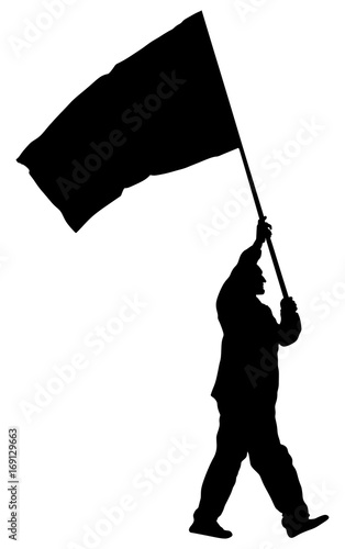Man walking with flag vector silhouette illustration isolated on white background. Angry protester on the street.