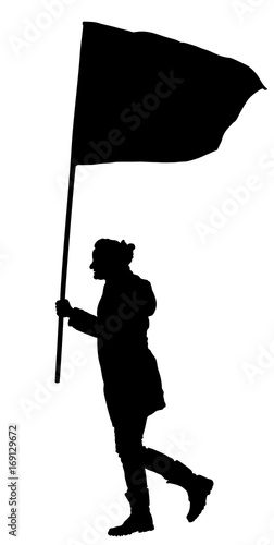 Woman walking with flag vector silhouette illustration isolated on white background. Angry protester on the street. 