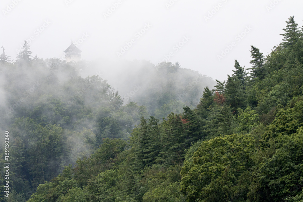 Naklejka premium Karlovy Vary, Czech Republic - August 16, 2017:Forest with mist with the Diana Tower overhanging the city in the background