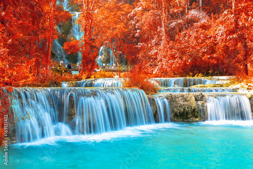 Waterfall in autumn forest, names " Tat Kuang Si Waterfalls " in Luang Prabang Lao with red leaves spring filter