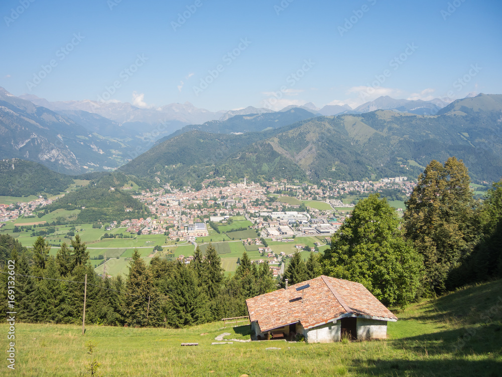 Landscape on the city of Clusone from the mountain lodge called San Lucio