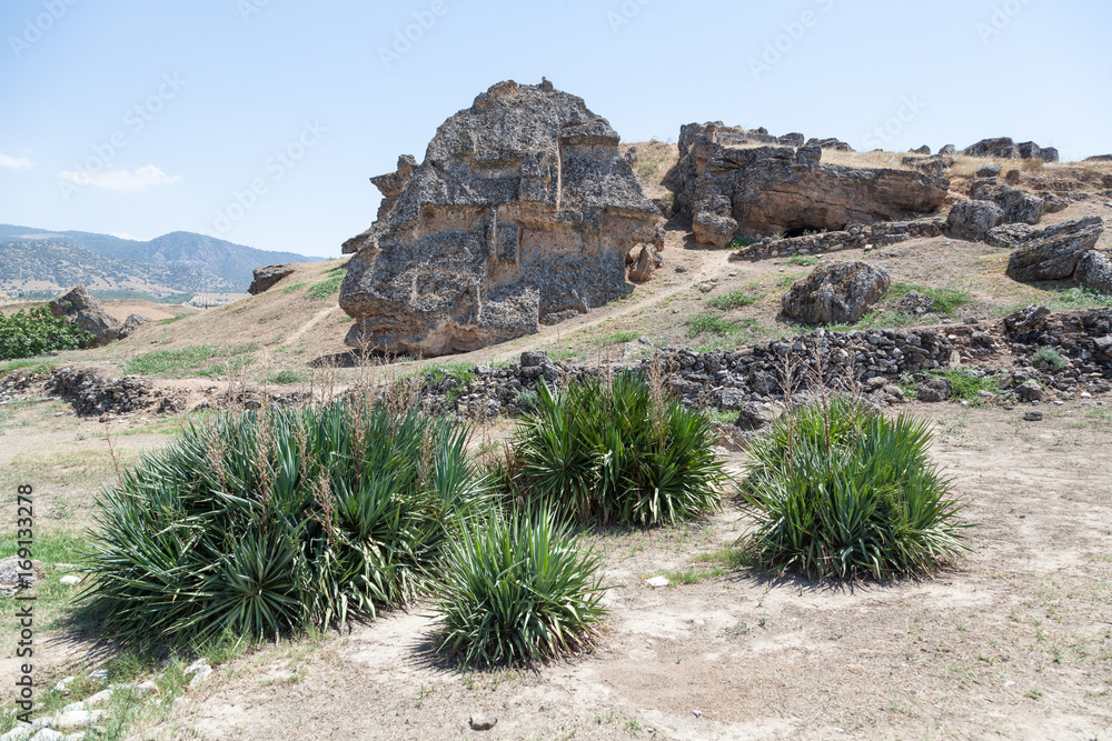 Stone and Ruins of the ancient city of Hierapolis in the vicinity of Pamukkale, Turkey