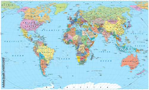 Fototapeta Kolorowa mapa świata - granice, kraje, drogi i miasta