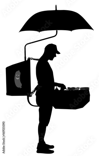 Fast food seller vector silhouette illustration. Mobile restaurant offer hot dog and burger outdoor on the street. Beach food and drink. Popular public marketing with snack tasting. Worker standing.