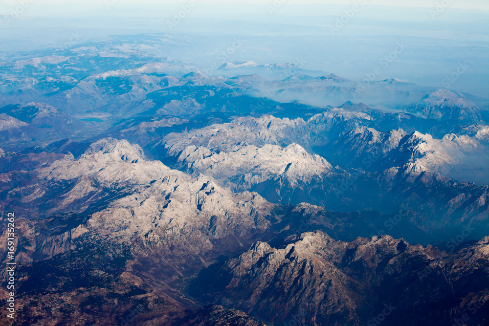 Albanian Alps rocky mountain tops aerial view