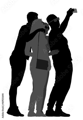 Selfie teenagers tourists taking pictures vector silhouette illustration isolated on white background. Taking selfie with mobile phone. 