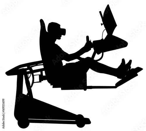 Gamer boy wearing virtual reality goggles playing console vector. Passionate gamer with controller. Digital headphones and 3d glasses vector silhouette. Modern cyber simulation, television online fun.