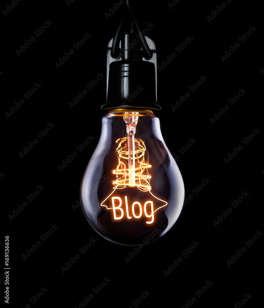 Hanging lightbulb with glowing Blog concept. - obrazy, fototapety, plakaty 