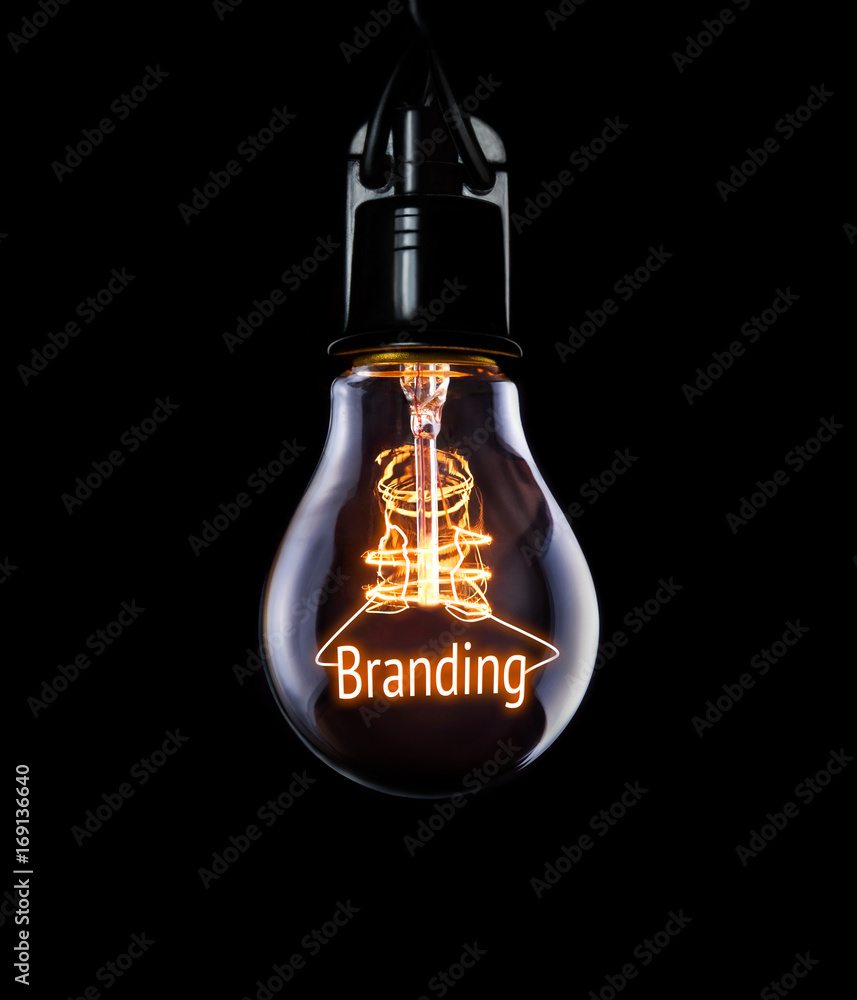 Hanging lightbulb with glowing Branding concept. - obrazy, fototapety, plakaty 