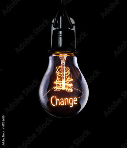 Hanging lightbulb with glowing Change concept. photo