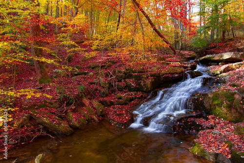 beautiful little waterfall in Autumn with vibrate colors on the Gunpowder river maryland photo