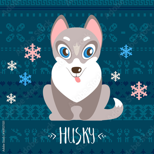 Flat vector illustration. Husky, nice friendly pet Isolated. Lit © dinkoobraz