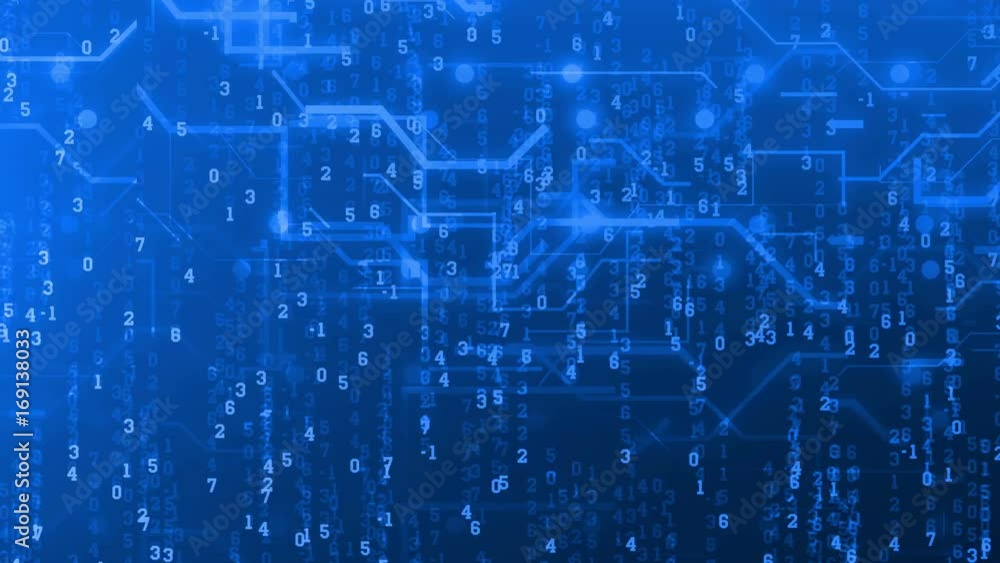 Abstract circuit board connection animation and falling down digital numbers with a blue background. Internet technology concept. Abstract circuit board connection animation and falling down digital numbers with a blue background. Internet technology concept.