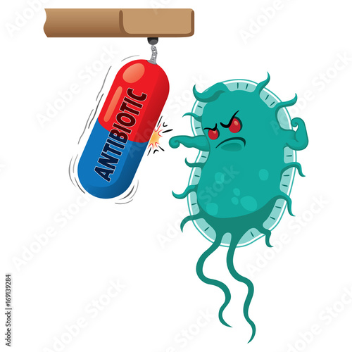Cartoon representation of a superbug a microorganism, being strong and tough because of drug or antibiotic. Ideal for informative and medicinal materials photo
