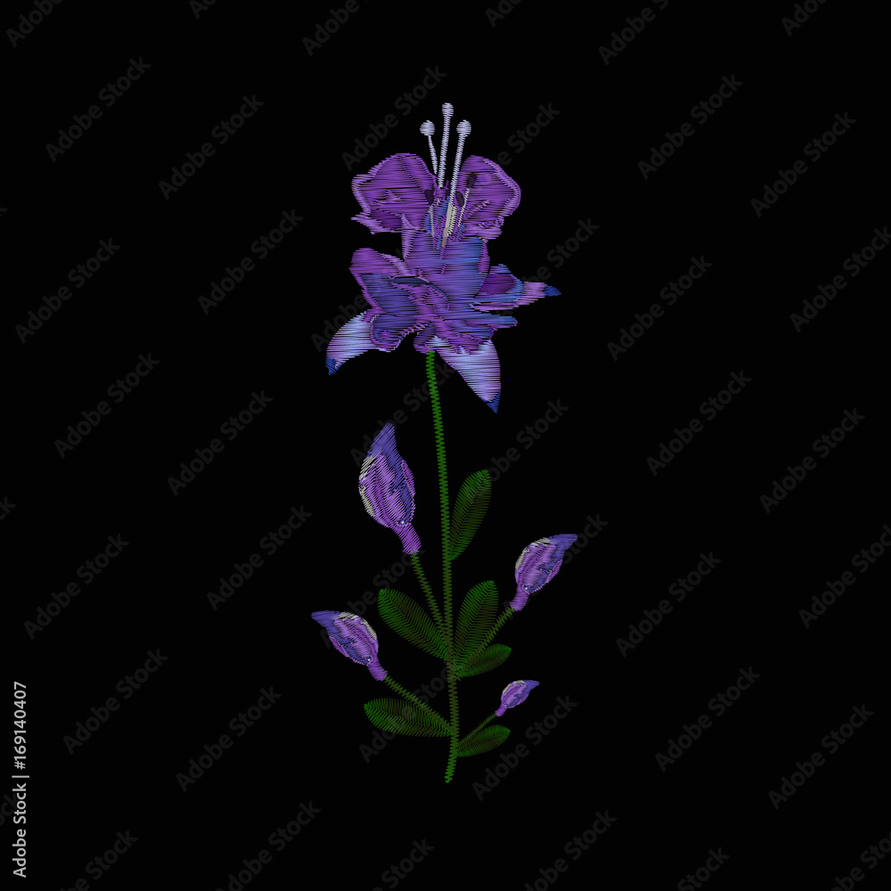 Obraz premium Beautiful lilac flowers fuchsia. Embroidery of jeans. Embroidery is smooth. Vector illustration on a black background.