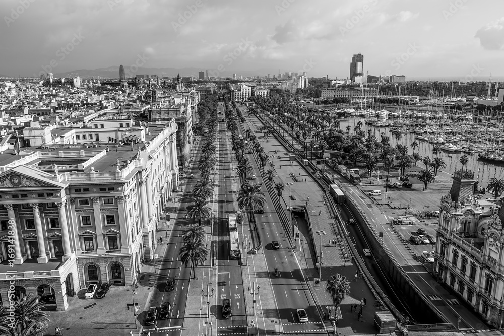 Street traffic at Port Vell in Barcelona - aerial view