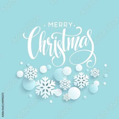 Merry Christmas blue background with papercraft snowflake. Greeting lettering card. Vector illustration