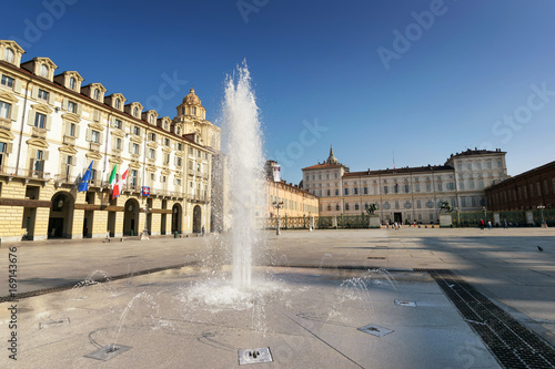 Fountain in Piazza Castello and the Royal Palace in Turin, Italy
