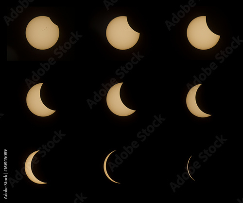 Solar eclipse sequence of events stages sun moon overlap light shadow scientific data background
