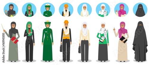 Different muslim Middle East people professions occupation characters woman set in flat style isolated on white background. Set of avatars icons. Templates for infographic  sites  banners  networks.