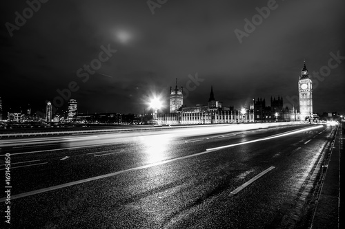 Night view over the Westminster Bridge and Houses of Parliament in London