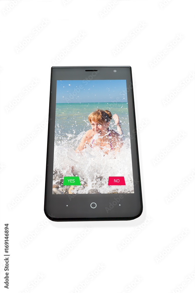 phone with the image of the girl and buttons of the answer, on a white background phone with the image of the girl and buttons of the answer, on a white background