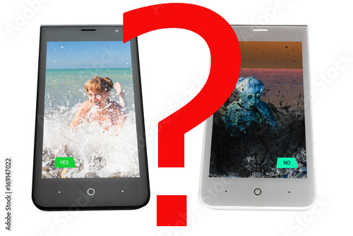 phone with the image of the girl and buttons of the answer, on a white background