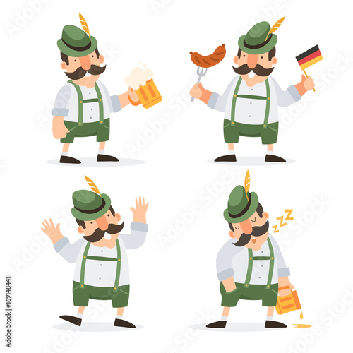 Oktoberfest. Funny cartoon characters in folk costumes of Bavaria celebrate and have fun at Oktoberfest beer festival.