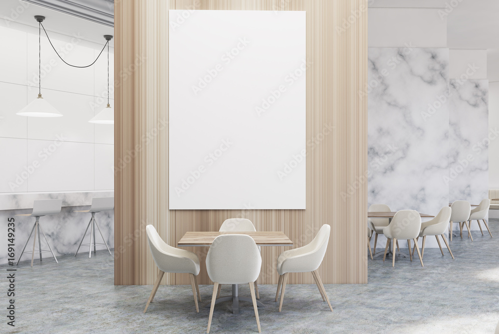White marble and wood luxury cafe with a poster White marble and wood luxury cafe with a poster