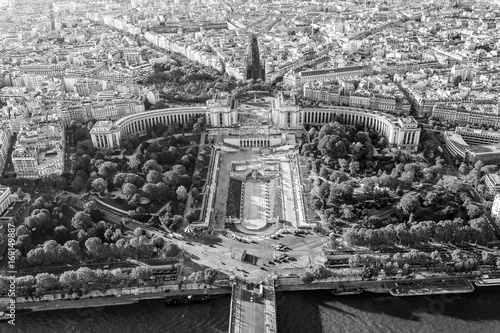 Aerial view over Trocadero and Trocadero Garden in Paris