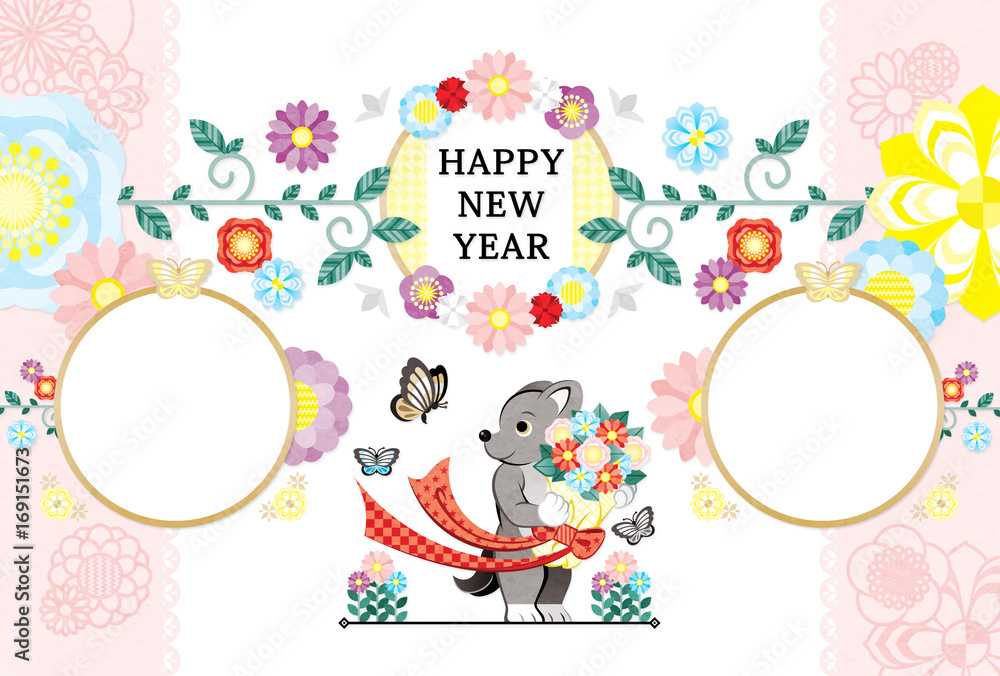 18年30年戌年完成年賀状テンプレート 犬と花束と蝶写真フレーム Happynewyear Stock イラスト Adobe Stock