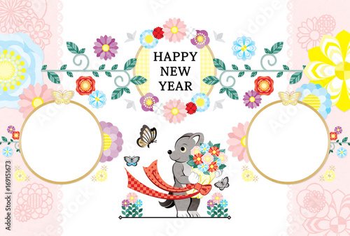 18年30年戌年完成年賀状テンプレート 犬と花束と蝶写真フレーム Happynewyear Stock イラスト Adobe Stock 18年30年戌年完成年賀状テンプレート 犬と花束と蝶写真フレーム Happynewyear Stock イラスト Adobe Stock