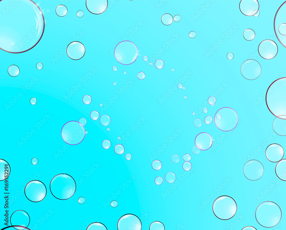 Soap bubbles with reflections on a blue background