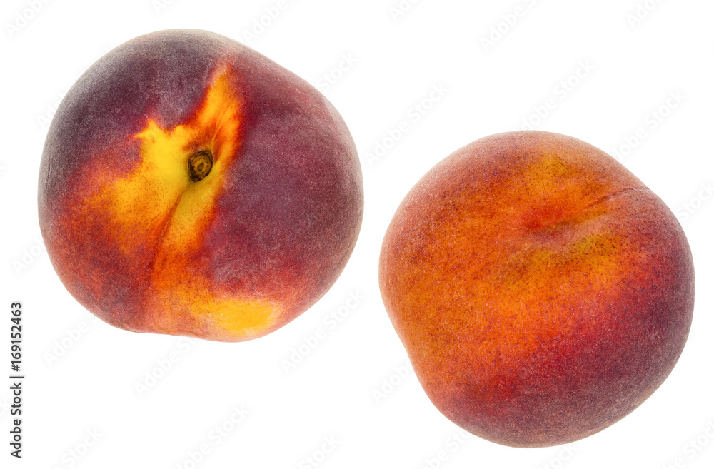 Two peaches isolated on white background. Detail of healthy fresh fruit full of vitamins and antioxidants. Two peaches isolated on white background. Detail of healthy fresh fruit full of vitamins and antioxidants.