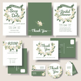 Set of Greenery Flowers Wreath Wedding Invitation card.Front and Back Template.Botanical Concept.Thank you card. RSVP Card.Stickers.Tags.Labels.Vector/Illustration