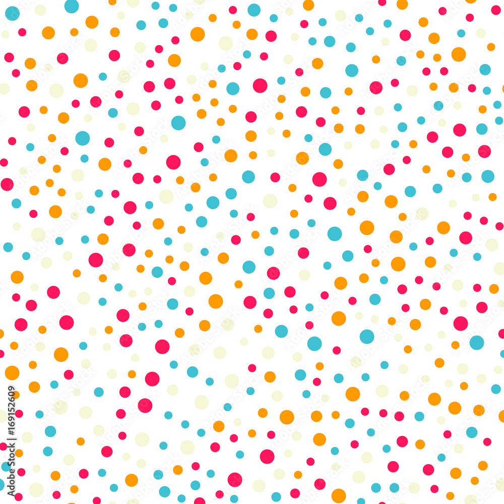 Colorful polka dots seamless pattern on white 18 background. Beautiful classic colorful polka dots textile pattern. Seamless scattered confetti fall chaotic decor. Abstract vector illustration. Colorful polka dots seamless pattern on white 18 background. Beautiful classic colorful polka dots textile pattern. Seamless scattered confetti fall chaotic decor. Abstract vector illustration.