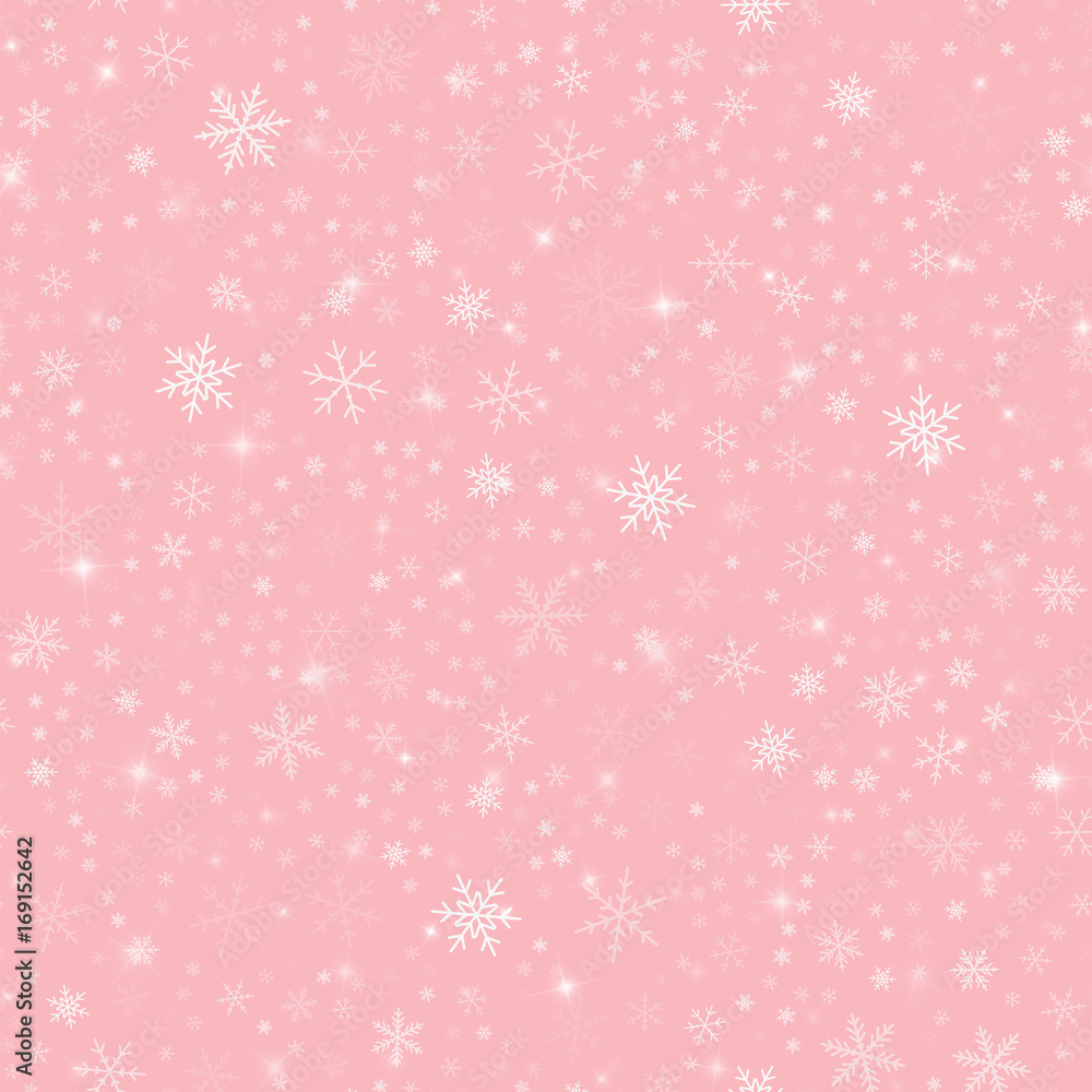 White snowflakes seamless pattern on pink Christmas background. Chaotic scattered white snowflakes. Dazzling Christmas creative pattern. Vector illustration.