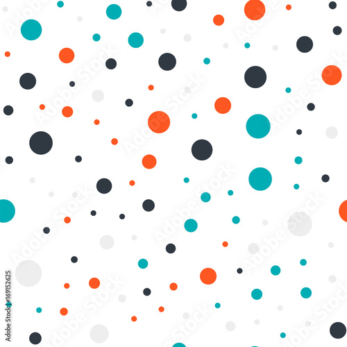 Colorful polka dots seamless pattern on white 17 background. Bizarre classic colorful polka dots textile pattern. Seamless scattered confetti fall chaotic decor. Abstract vector illustration.