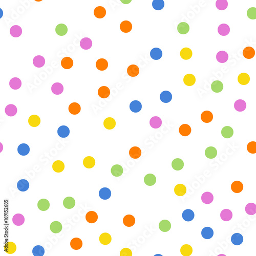 Colorful polka dots seamless pattern on white 2 background. Classy classic colorful polka dots textile pattern. Seamless scattered confetti fall chaotic decor. Abstract vector illustration.
