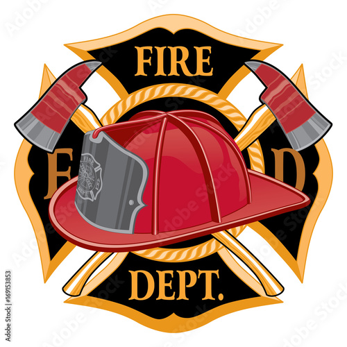 Fire Department Cross Symbol is an illustration of a fireman or firefighter Maltese cross emblem with a firefighter helmet and firefighter axes in the foreground.