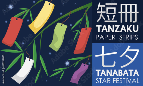 Obraz na plátne Tanzaku or Paper Strips Hanging over Bamboo for Tanabata Festival, Vector Illust