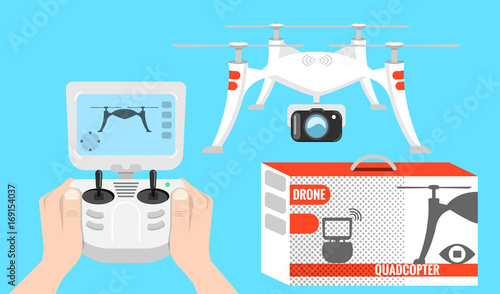 Quadrocopter control, box with drones, image in flat style