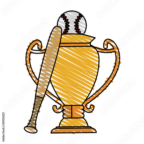 Colorful trophy and baseball equipment doodle over white background vector illustration