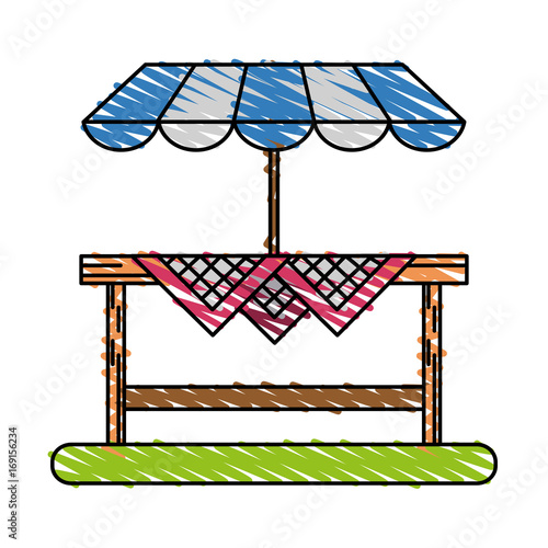 Colorful outdoors table with umbrella doodle over white background vector illustration