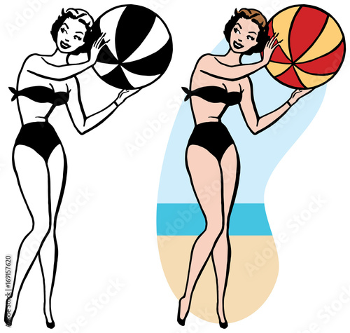 A woman in a bikini playing with a beach ball