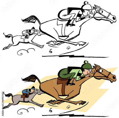 Two horses running on a racetrack.