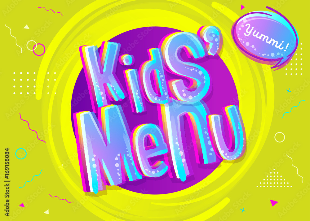 Kids’ Menu Sign in Cartoon Style. Bright and Colorful Illustration for Children's Restaurant. Kids’ Menu Sign in Cartoon Style. Bright and Colorful Illustration for Children's Restaurant.